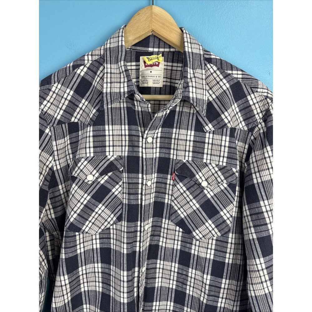 Levi's Pearl Snap Western Cowboy Plaid Shirt Medium Plaid Pockets Long Sleeve